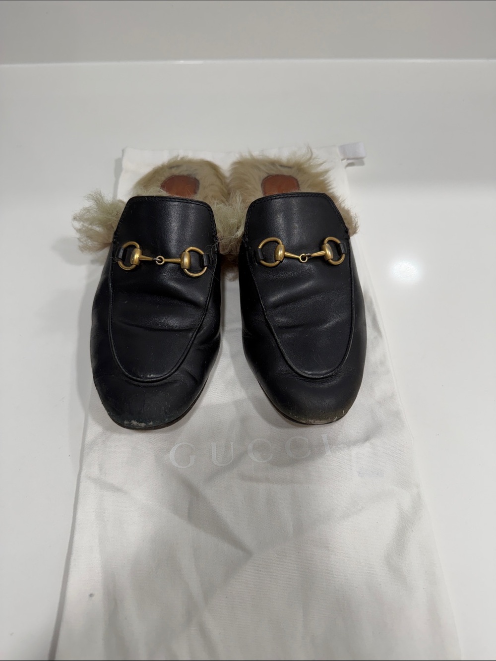 Gucci Black Leather Fur-Lined Horsebit Slip-On Mules